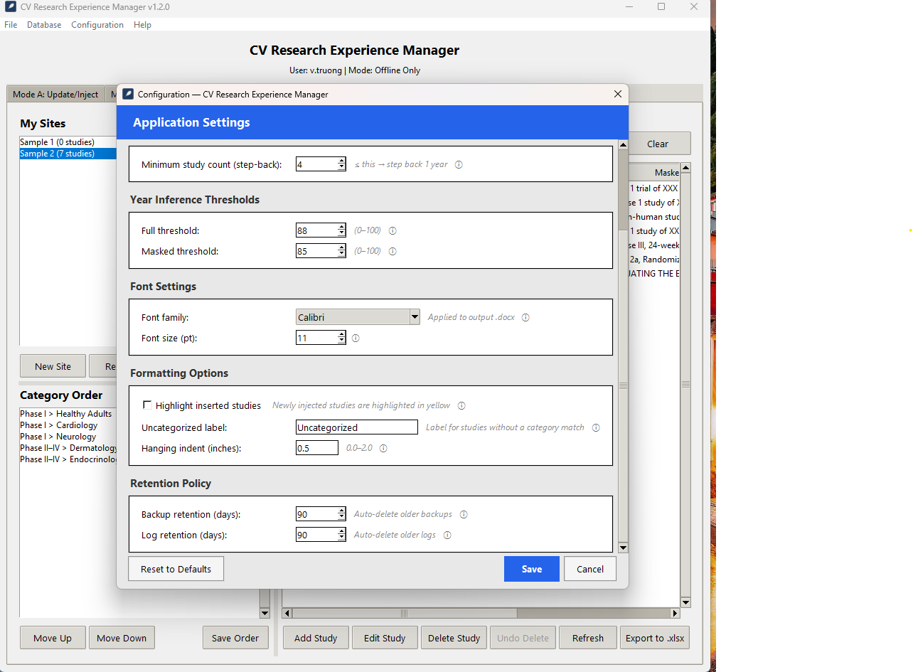 CV Manager Configuration dialog showing settings with tooltip icons