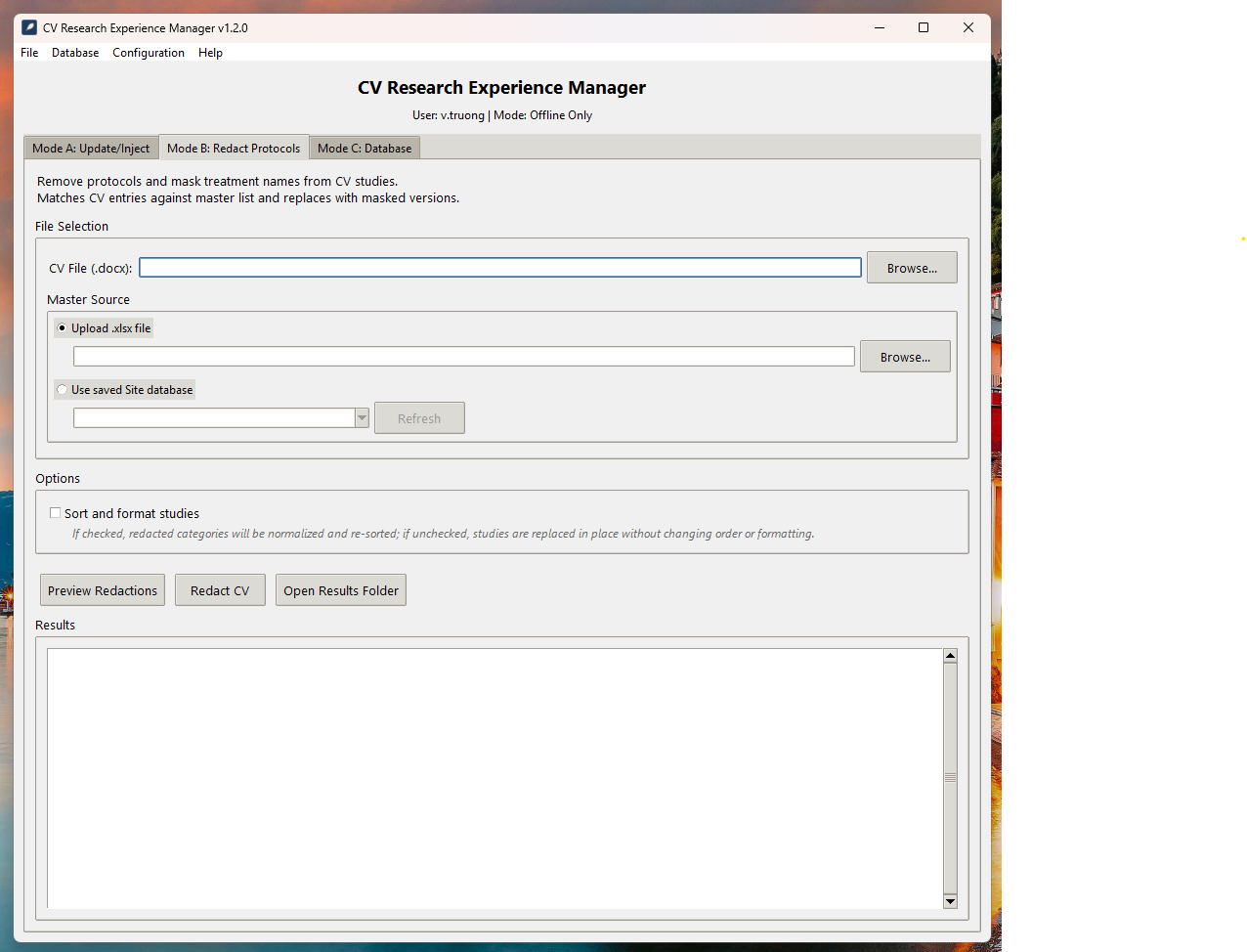CV Manager GUI showing the Redact Protocols tab with processing results