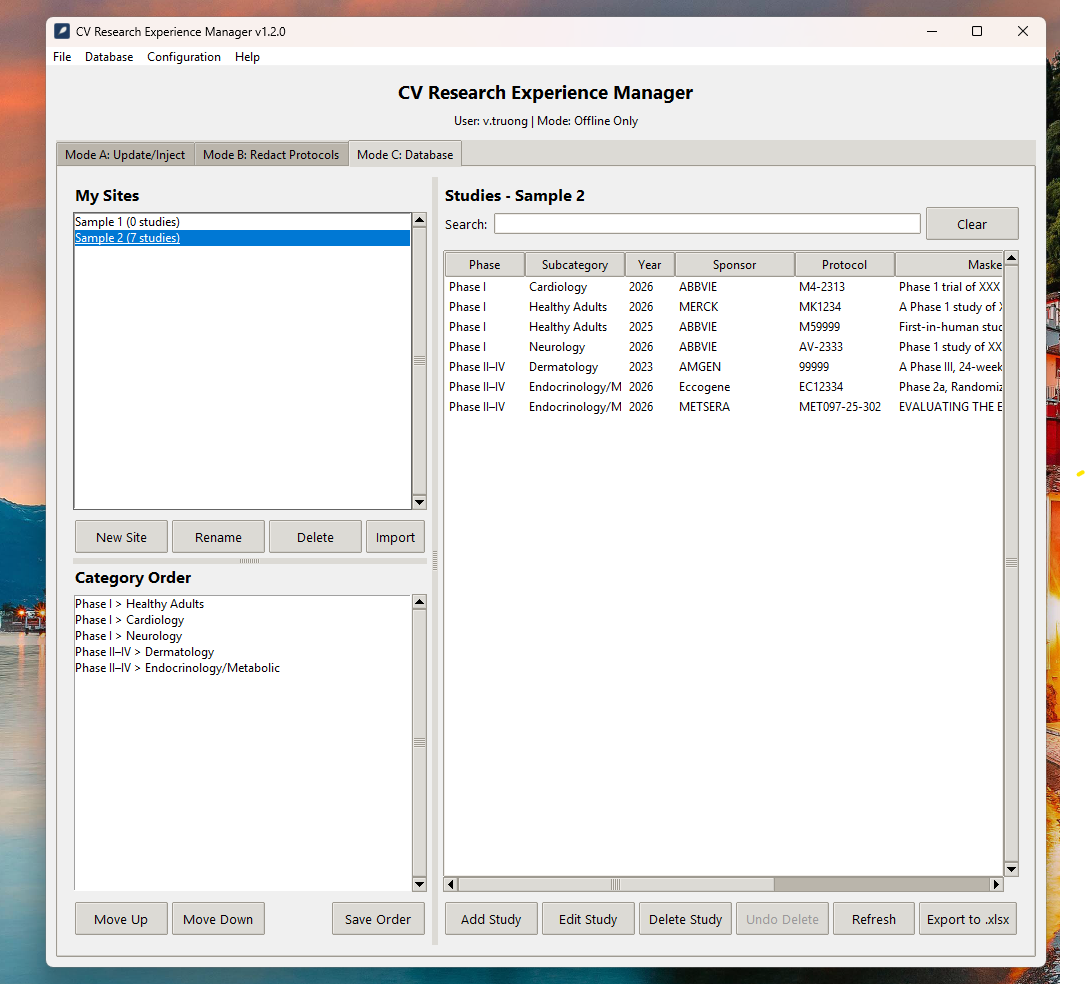 CV Manager GUI showing the Database Management tab with site list and study editor