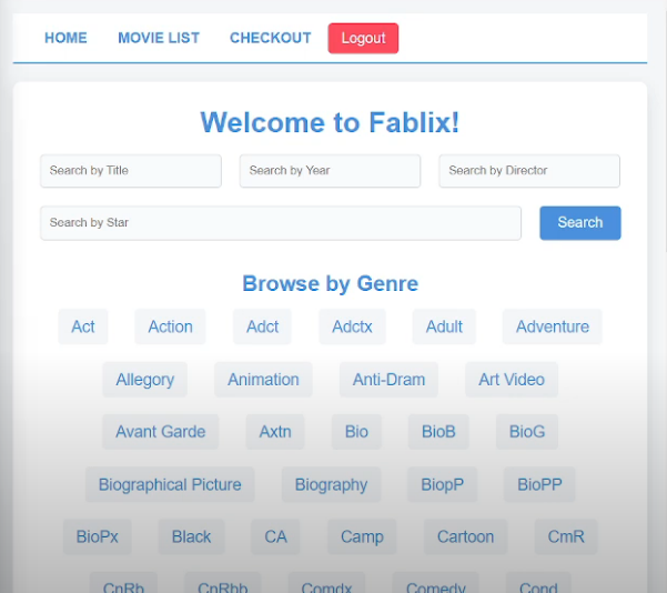 Fablix home page showing search filters for title, year, director, and star
