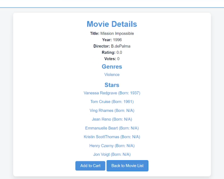 Fablix movie detail page showing year, director, rating, genres, stars, and add-to-cart button