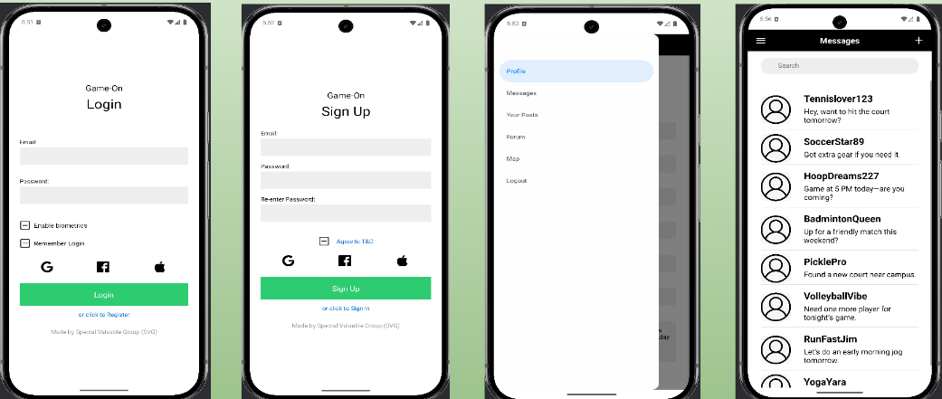 Game-On prototype design created on Figma