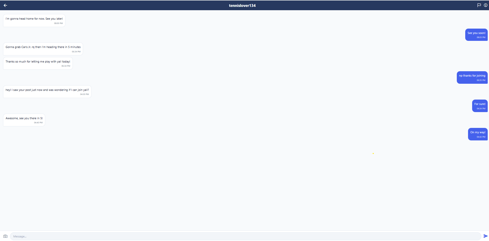 Game-On message page showing conversation interface