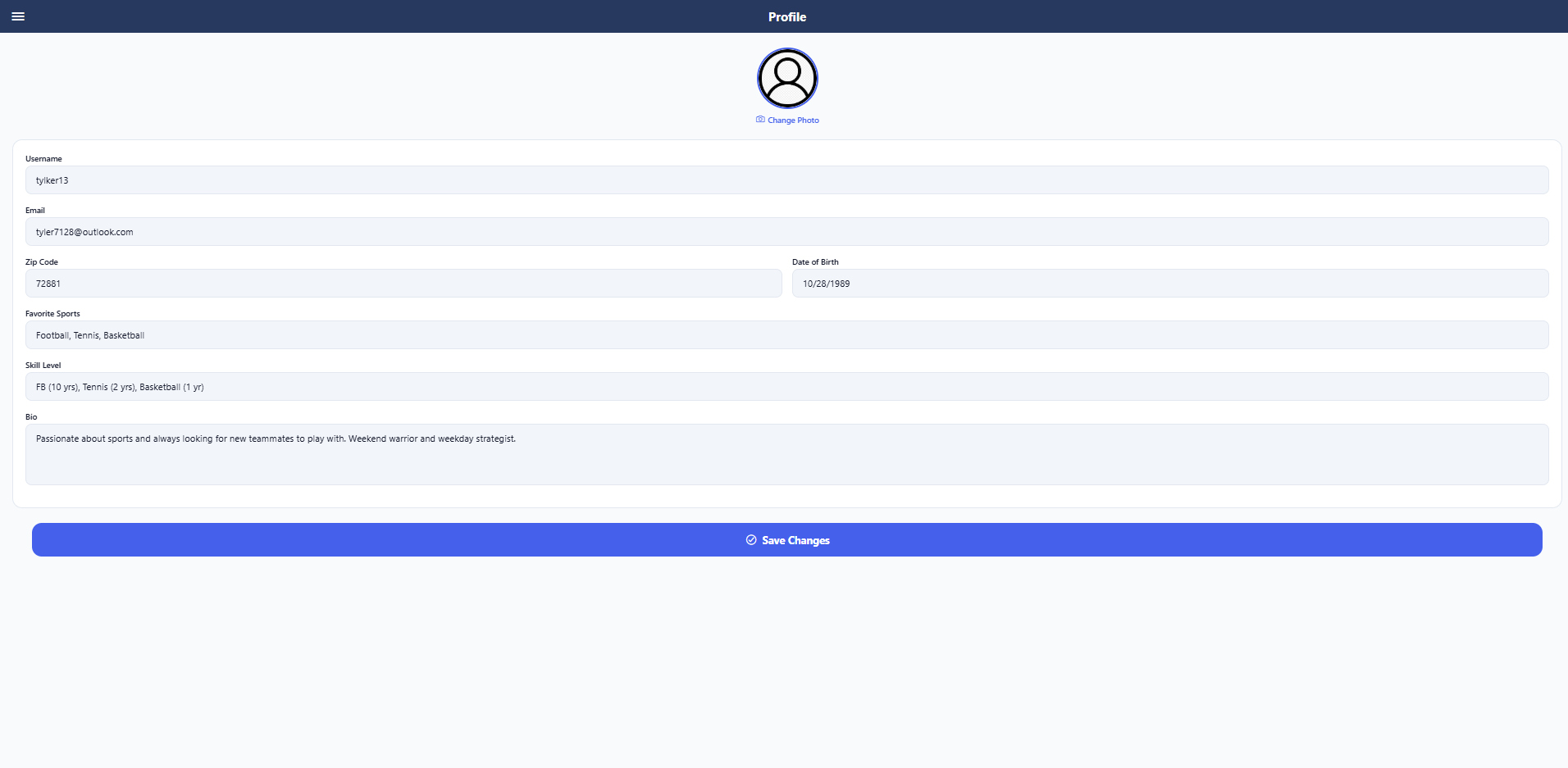 Game-On profile page showing user information and settings