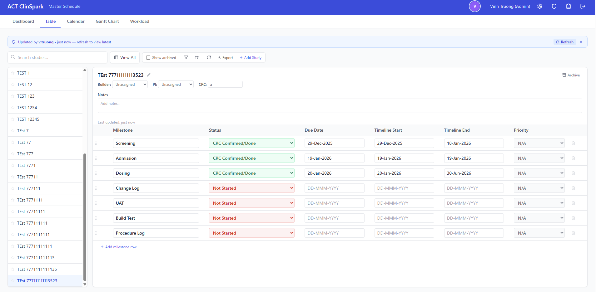 Main table view showing all studies with milestone columns, status badges, and inline editing