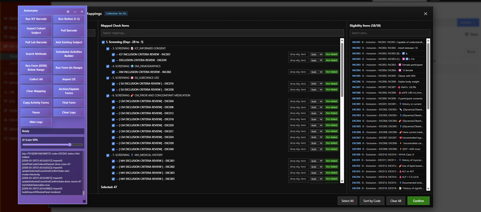 Screenshot of the Tampermonkey Automator floating panel overlaying a clinical platform interface
