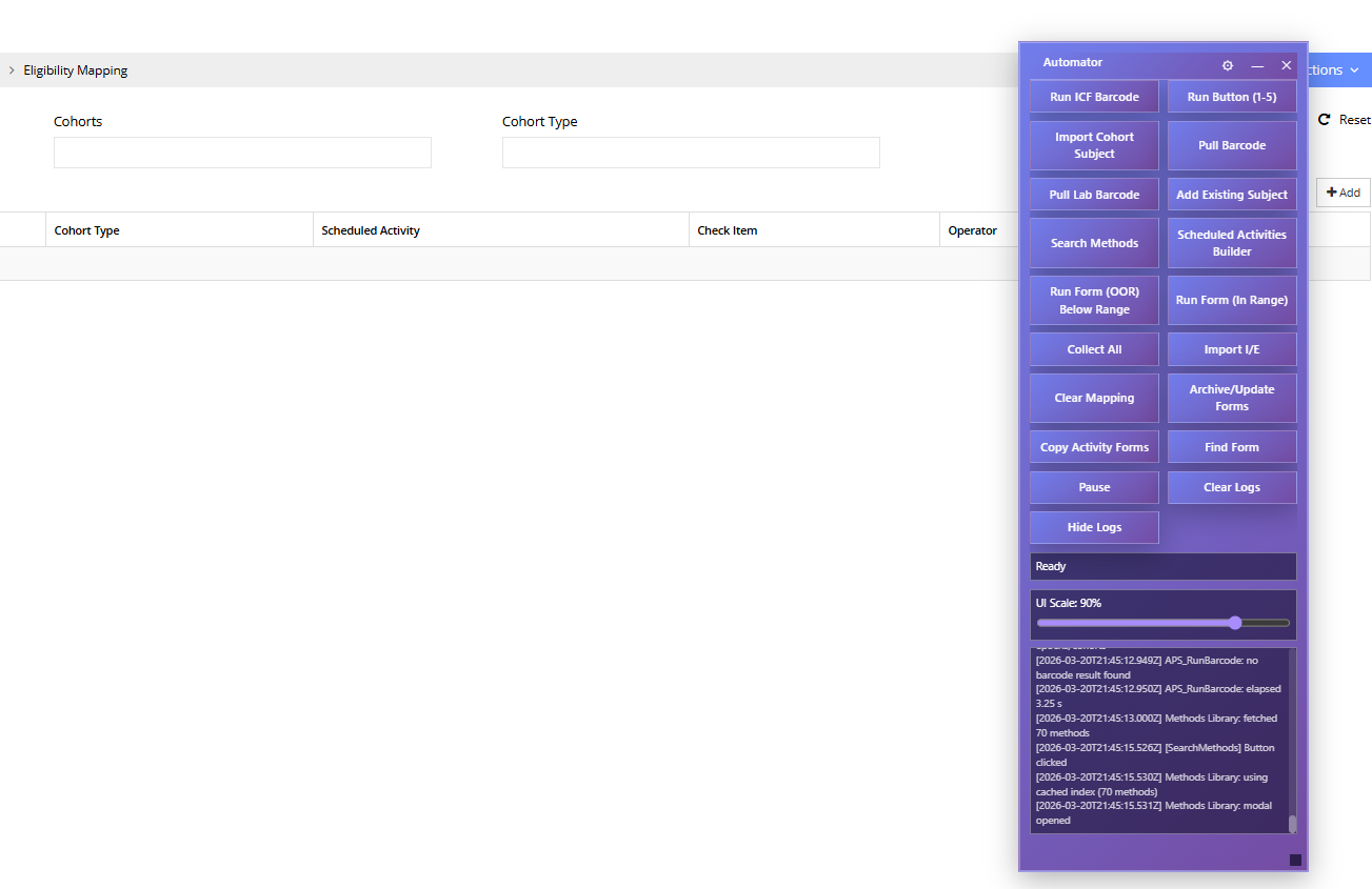 Floating control panel overlaying the ClinSpark platform with a list of feature buttons