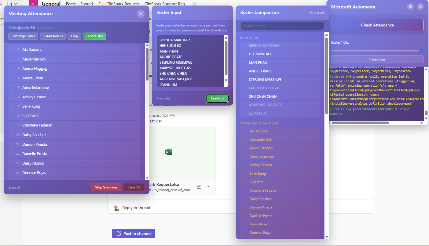 Microsoft Teams with the attendance tracker panel showing participant list and first-seen timestamps