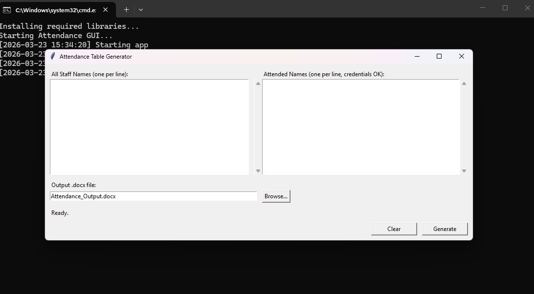Attendance Tracker GUI showing employee tracking interface