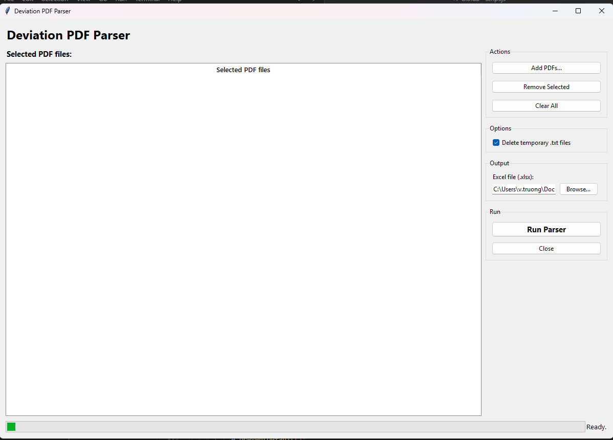Scanned Document Parser showing parsed deviation entries