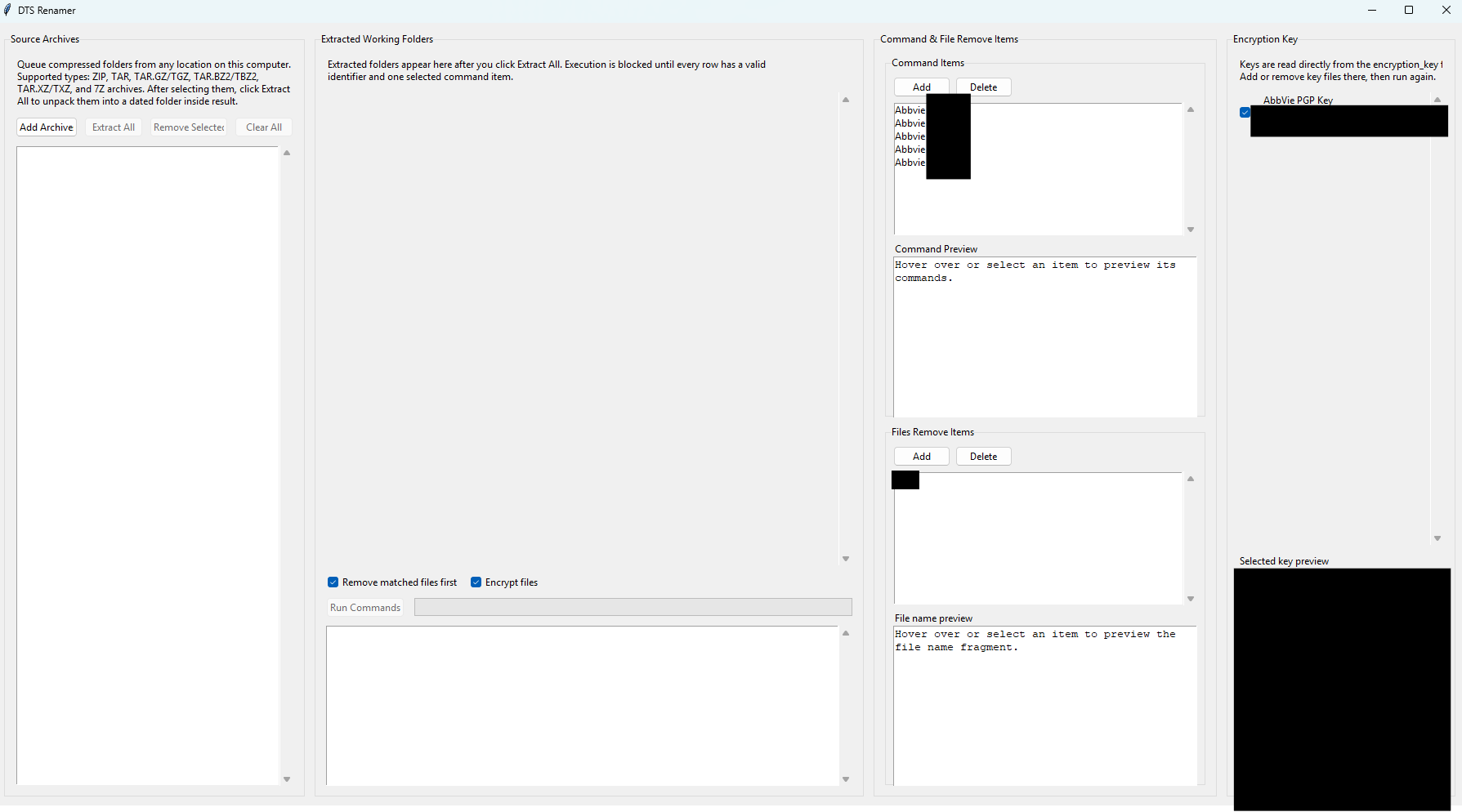 DTS Renamer GUI showing a queue of archives with protocol assignments and batch run controls